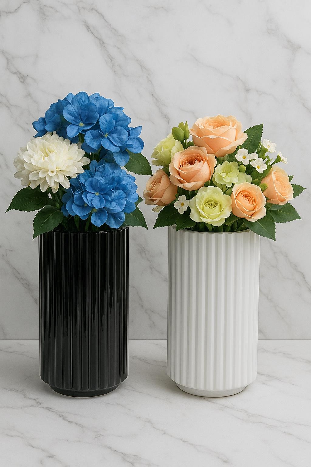 Modern Ribbed Glass Vase | Minimalist Black or White Table Vase | Contemporary Home Decor Accent 12.5"x6" for vases, centerpieces, and home styling
