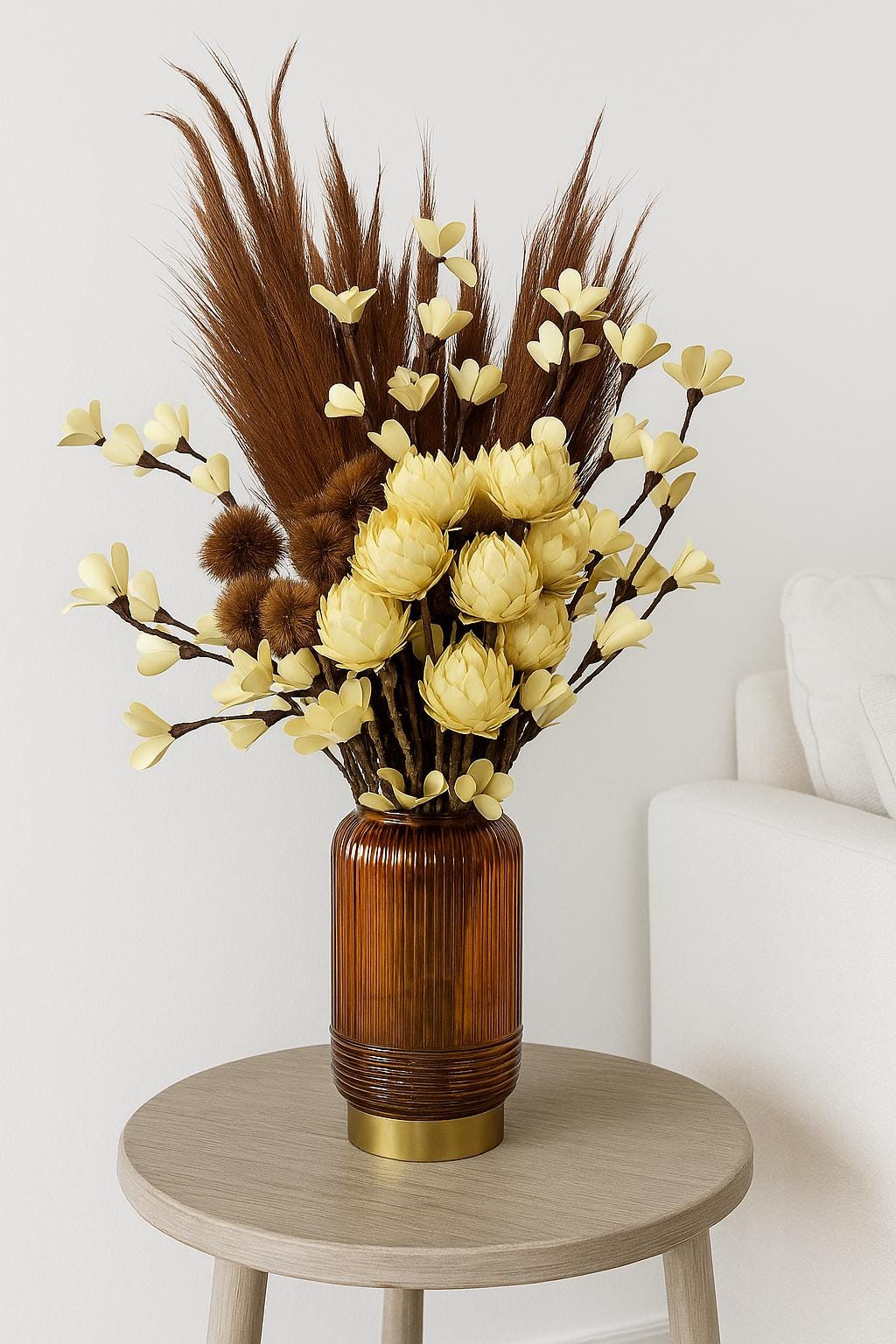 Pampas Grass Centerpiece with Amber Vase | Cream Sola Flowers | Fall Rustic Decor for vases, centerpieces, and home styling
