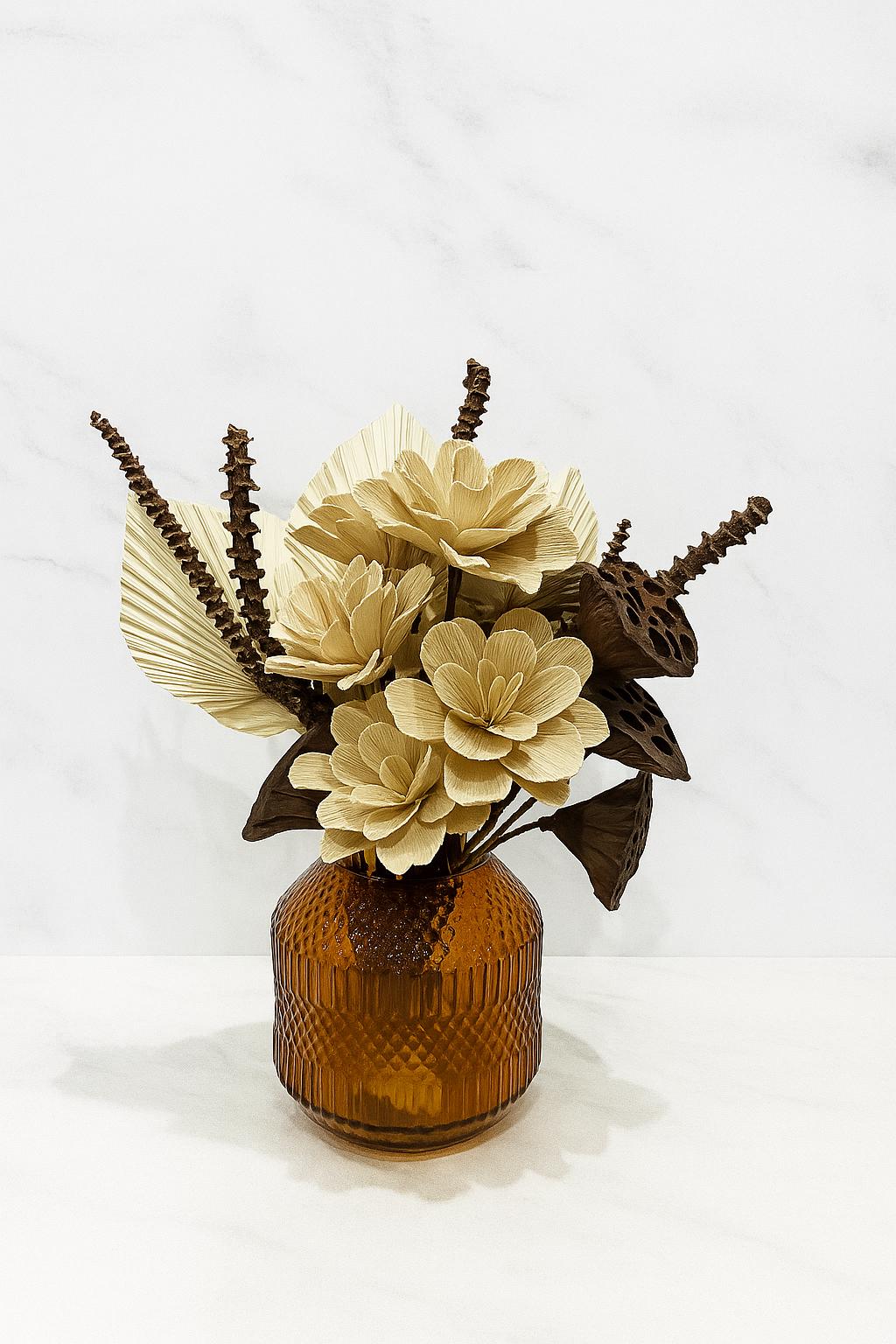 Amber Ribbed Glass Vase elegant for table– Modern Dried Floral bouquet. Thanksgiving centerpiece for vases, centerpieces, and home styling