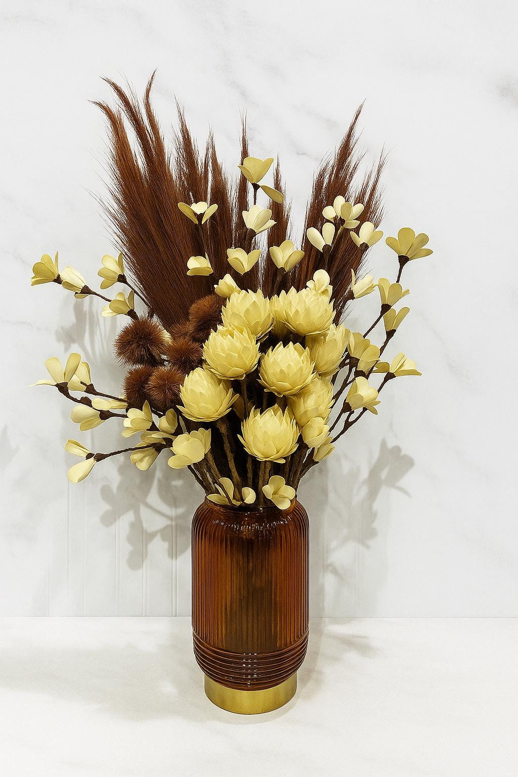 Pampas Grass Centerpiece with Amber Vase | Cream Sola Flowers | Fall Rustic Decor for vases, centerpieces, and home styling