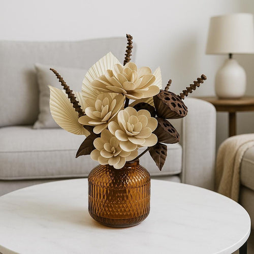 Amber Ribbed Glass Vase elegant for table– Modern Dried Floral bouquet. Thanksgiving centerpiece for vases, centerpieces, and home styling