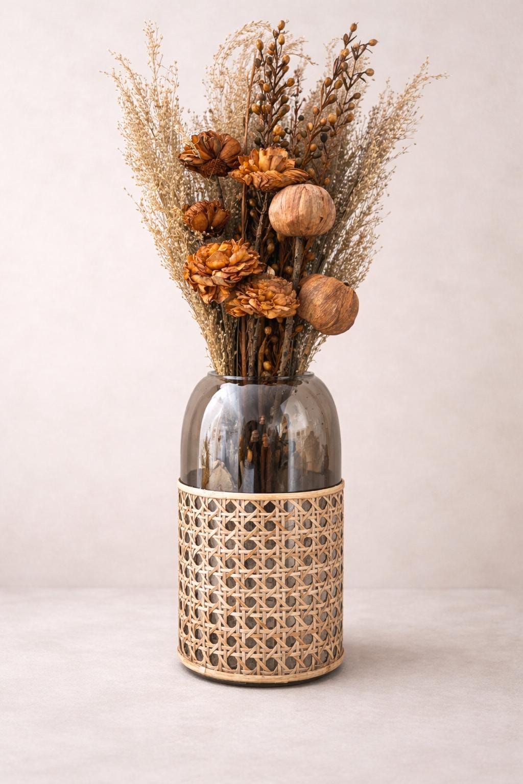 Dried Floral Arrangement, beige Glass Vase, Rattan Wrap, Boho Centerpiece for vases, centerpieces, and home styling