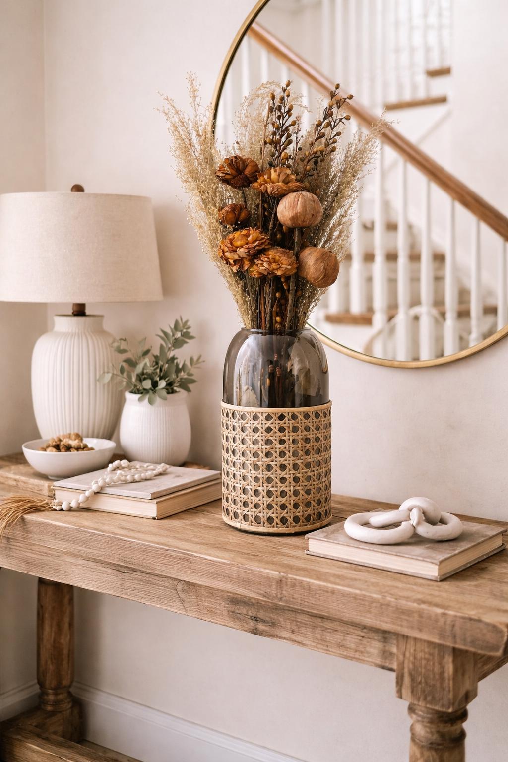 Dried Floral Arrangement, beige Glass Vase, Rattan Wrap, Boho Centerpiece for vases, centerpieces, and home styling