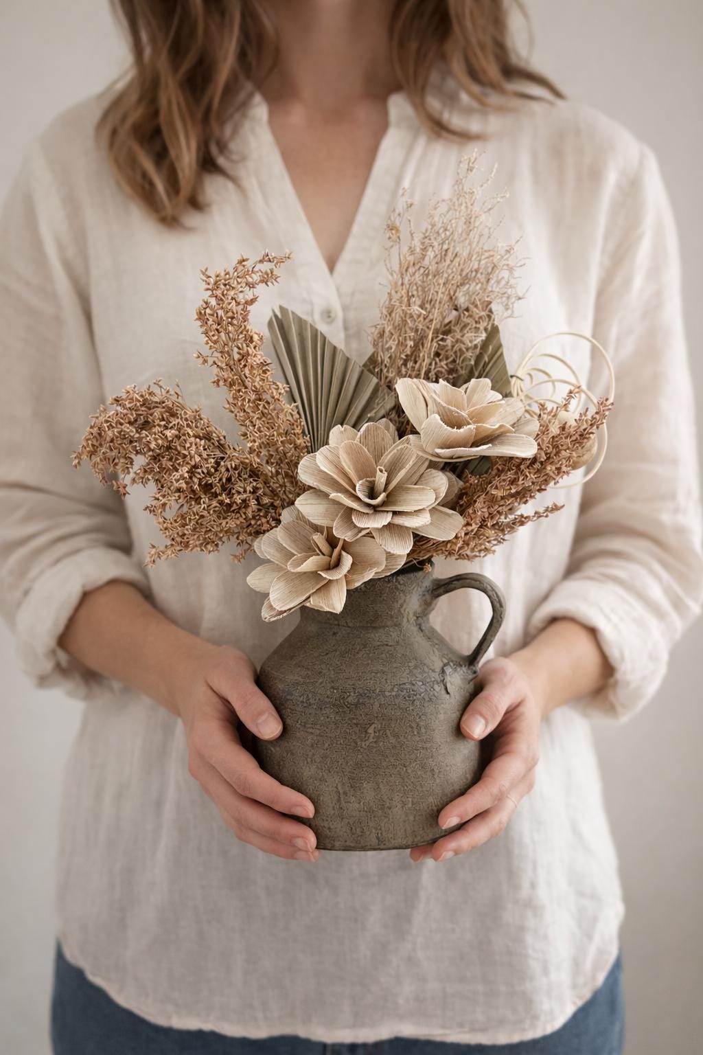 Dried Floral Arrangement, beige and nutrals, Ceramic vase, Boho Centerpiece for vases, centerpieces, and home styling