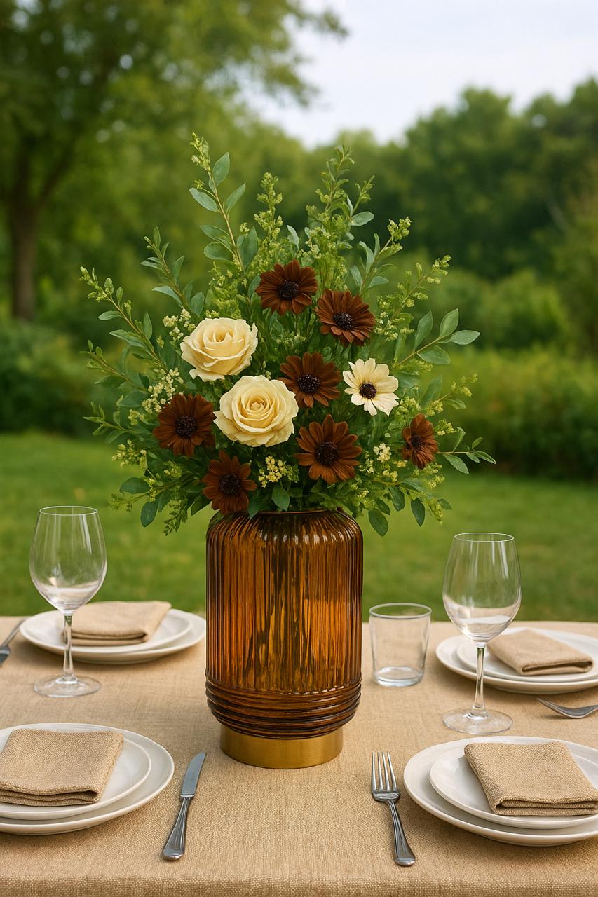 Ribbed Glass Vase with Gold Metal Base | Modern Colored Vase | Elegant Centerpiece Decor for vases, centerpieces, and home styling