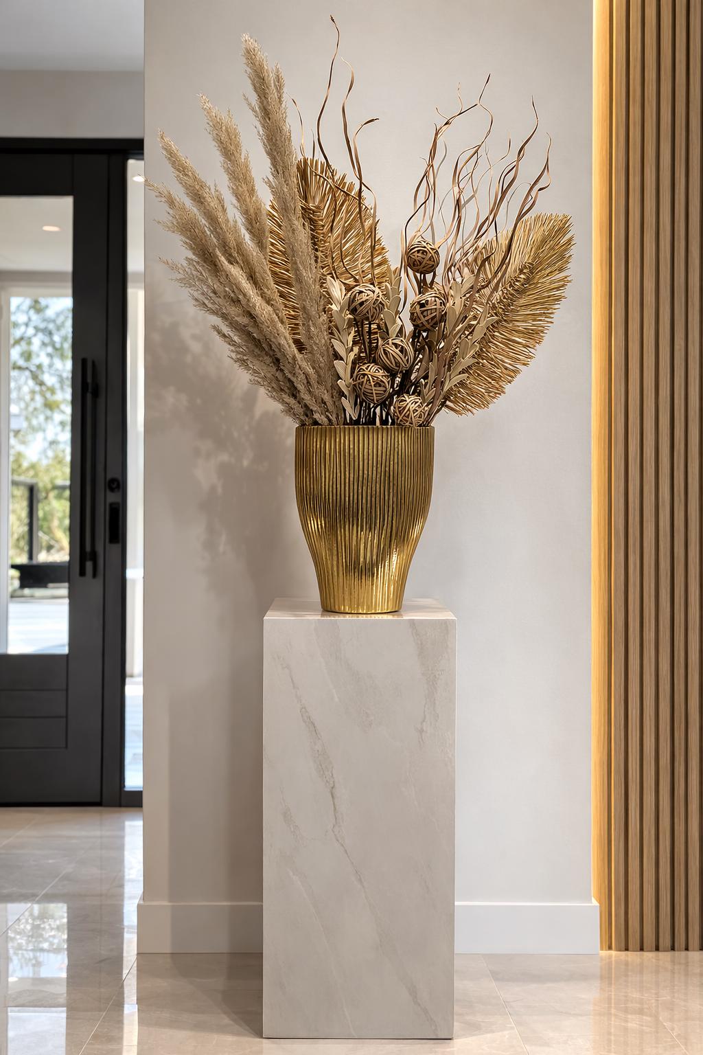 Neutral Pampas Grass Arrangement in Gold Vase Dried Palm & Pampas Decor | Entryway Pedestal Floral | Luxury Neutral Home Decor for vases, centerpieces, and home styling
