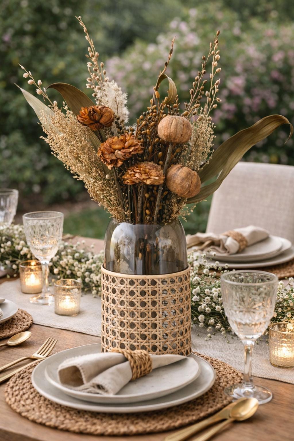 Dried Floral Arrangement, beige Glass Vase, Rattan Wrap, Boho Centerpiece for vases, centerpieces, and home styling