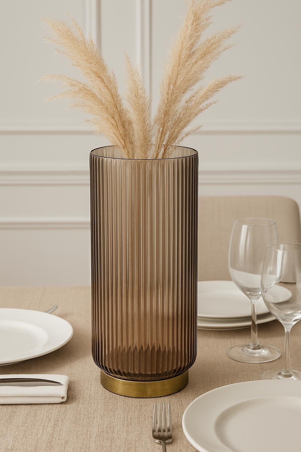 Ribbed Glass Vase with Gold Base | Modern Flower Vase | Tall Centerpiece Decor for vases, centerpieces, and home styling