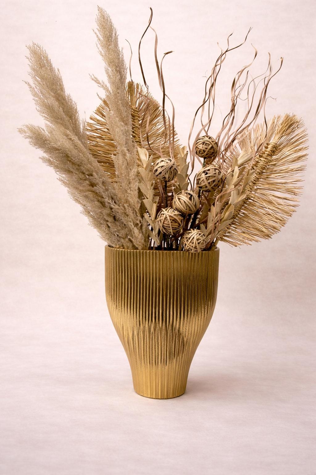 Neutral Pampas Grass Arrangement in Gold Vase Dried Palm & Pampas Decor | Entryway Pedestal Floral | Luxury Neutral Home Decor for vases, centerpieces, and home styling