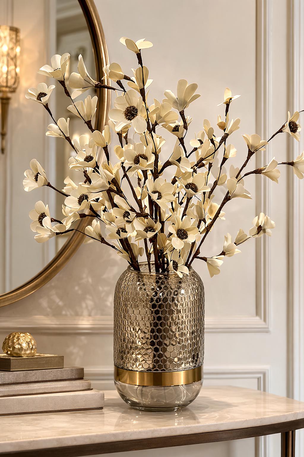 Deco Flower Branch Arrangement in Gold Glass Vase | Elegant Neutral Floral Centerpiece | Luxury Faux Flower Arrangement for vases, centerpieces, and home styling