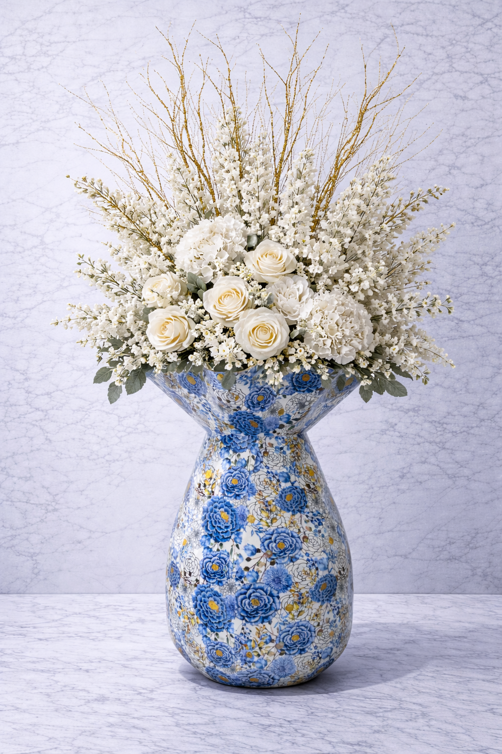 Martin Blue Floral Metal Vase | Printed Chinoiserie Vase | Decorative Modern Home Decor Accent image 3