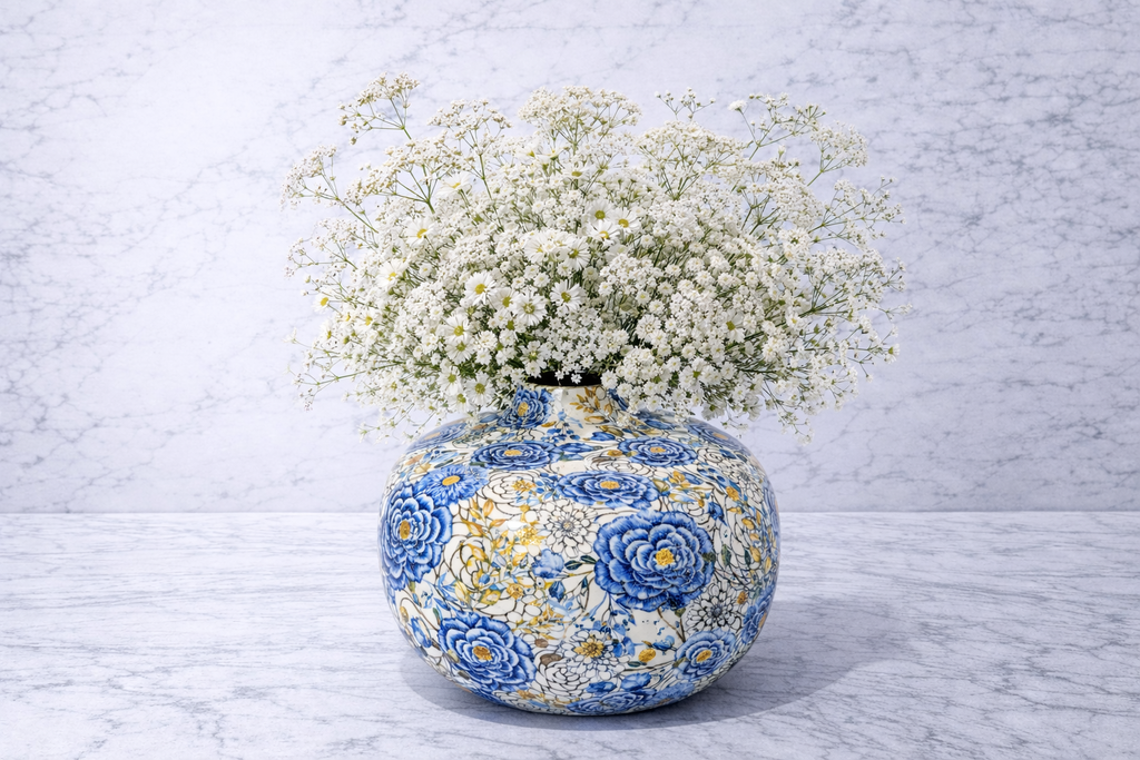 Martin Blue Floral Metal Vase | Printed Chinoiserie Vase | Decorative Modern Home Decor Accent image 2