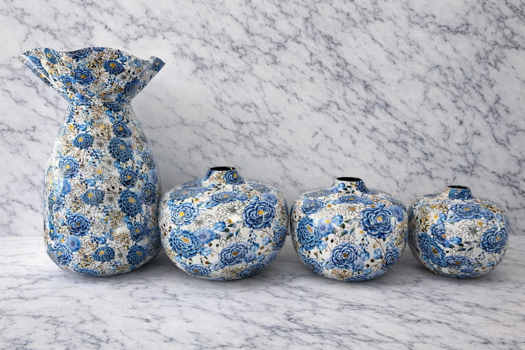Martin Blue Floral Metal Vase | Printed Chinoiserie Vase | Decorative Modern Home Decor Accent