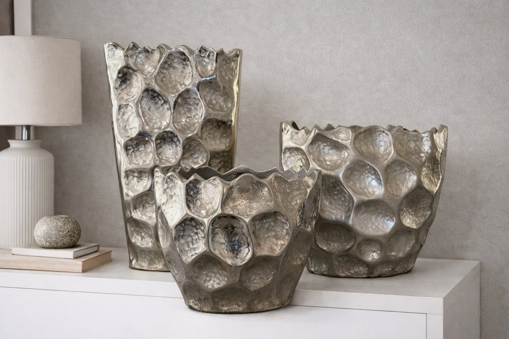 Jenna Silver Metal Vase Collection | Sculptural Textured Modern Vases | Luxury Contemporary Home Decor image 2