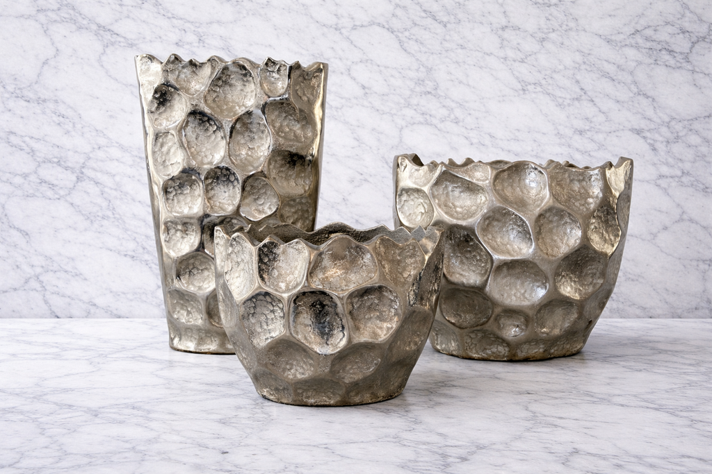 Jenna Silver Metal Vase Collection | Sculptural Textured Modern Vases | Luxury Contemporary Home Decor