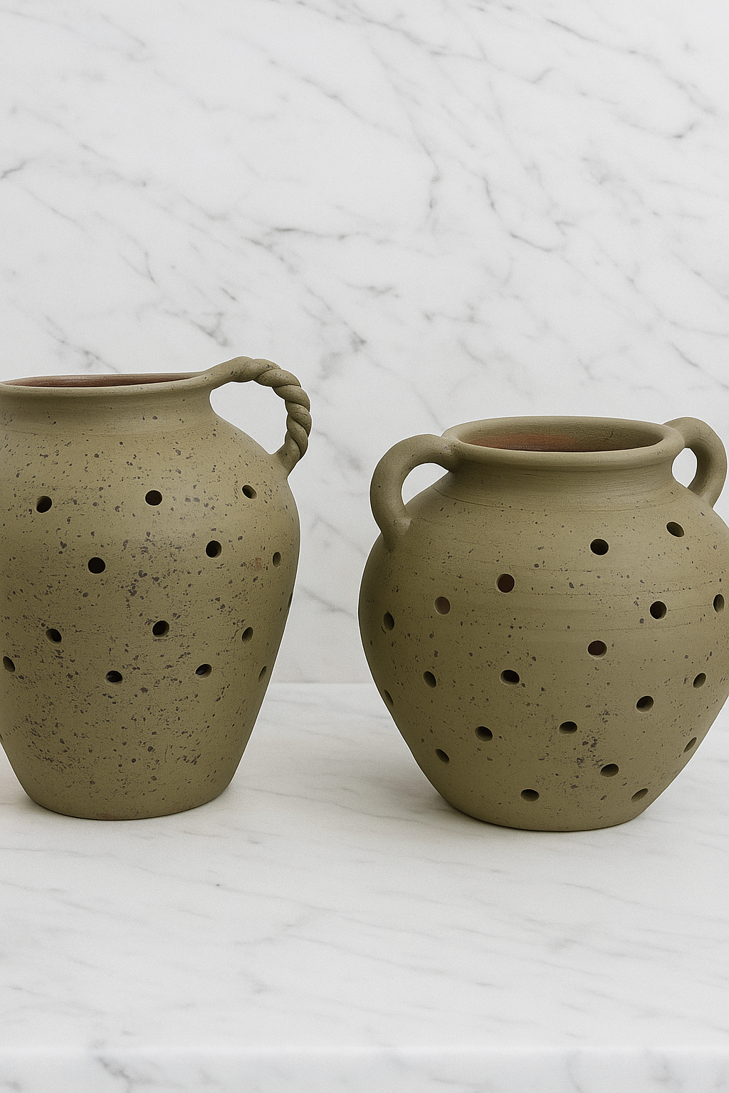 Peyton Ceramic Vase Collection | Olive Green Rustic Vase with Handles | Mediterranean Home Decor