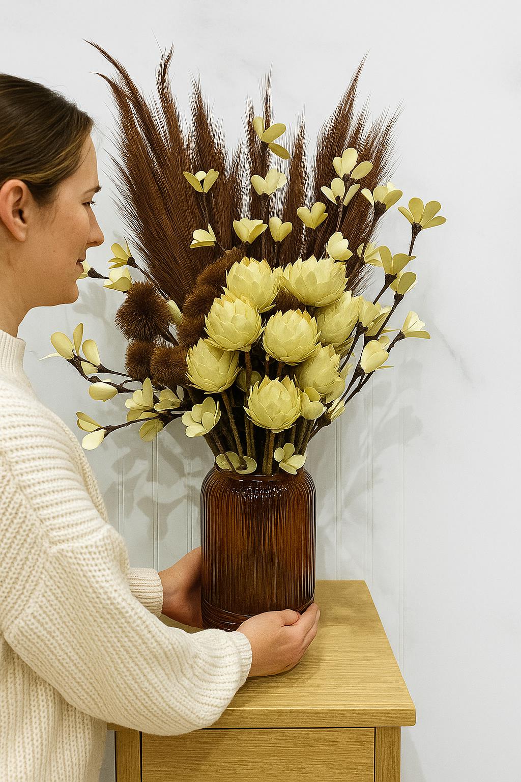 Pampas Grass Centerpiece with Amber Vase | Cream Sola Flowers | Fall Rustic Decor for vases, centerpieces, and home styling