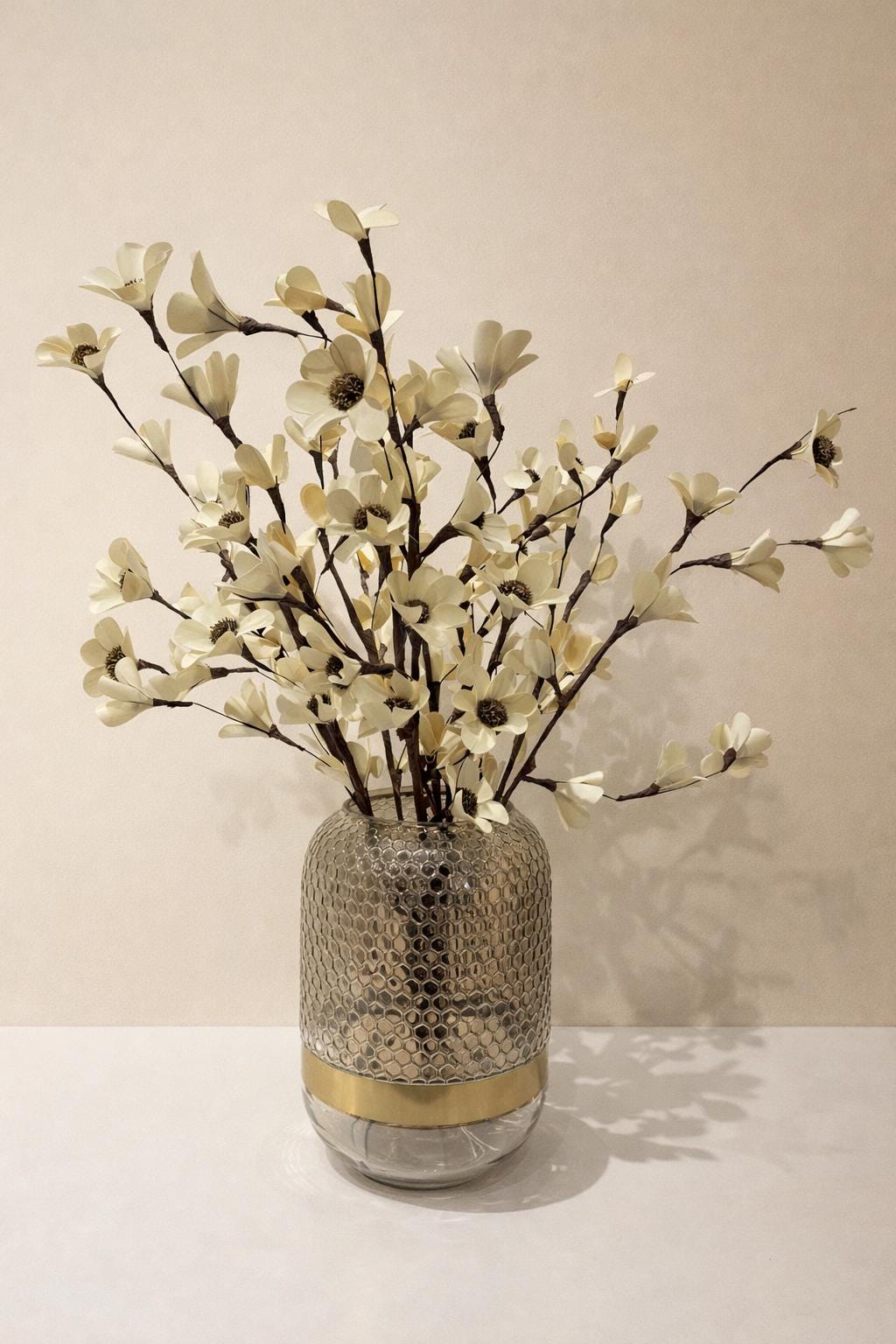 Deco Flower Branch Arrangement in Gold Glass Vase | Elegant Neutral Floral Centerpiece | Luxury Faux Flower Arrangement for vases, centerpieces, and home styling
