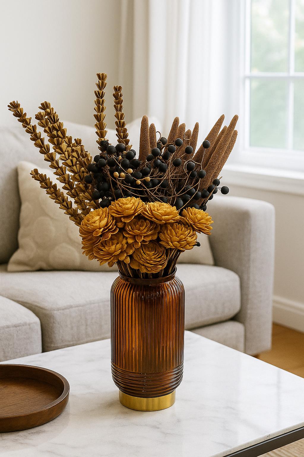 Tall Fall Centerpiece 36” | Berried & Bajra Stems in Amber Vase | Fall Decor for vases, centerpieces, and home styling