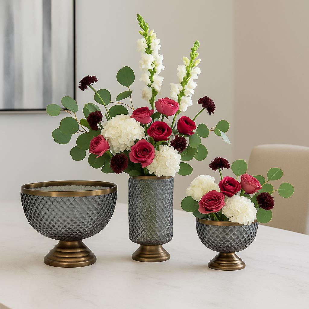 Diamond Glass Vase Set with Gold Pedestal | Modern Centerpiece | Wedding Table Decor for vases, centerpieces, and home styling