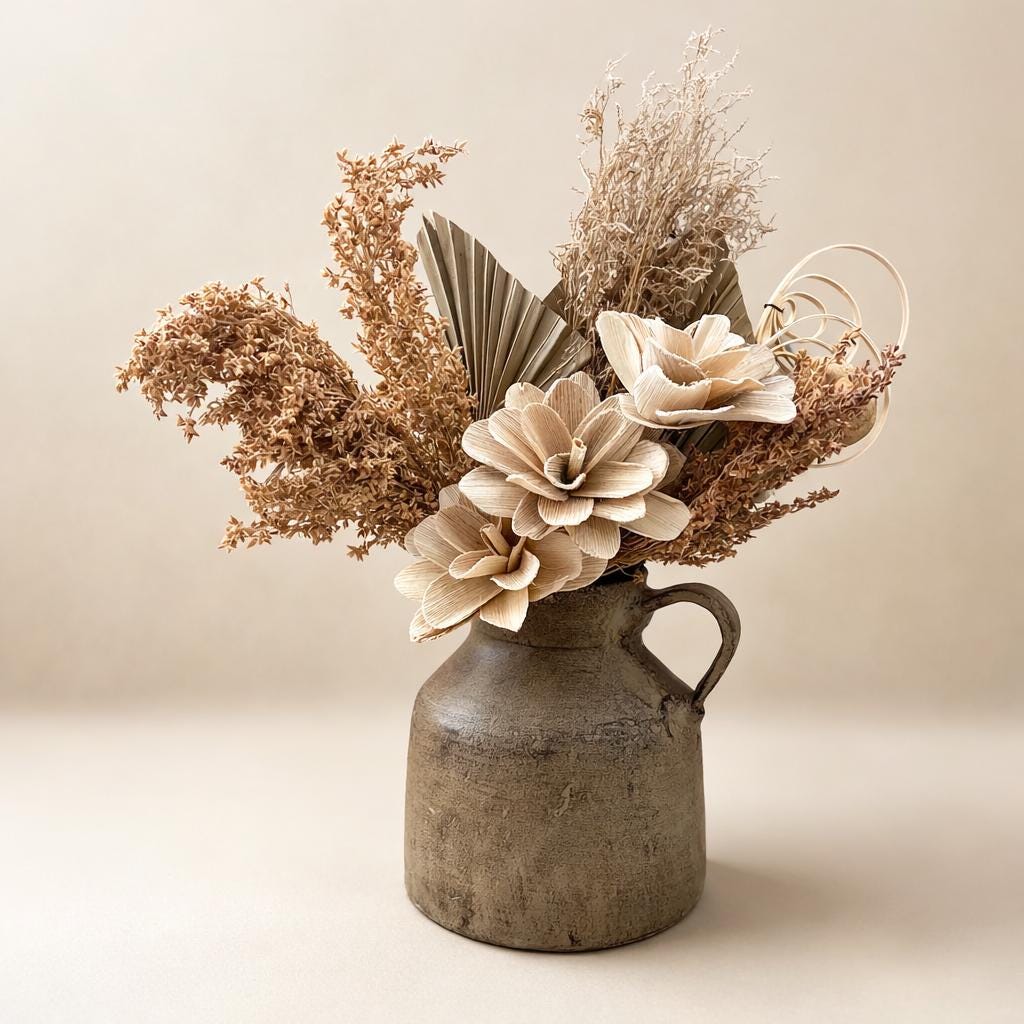 Dried Floral Arrangement, beige and nutrals, Ceramic vase, Boho Centerpiece for vases, centerpieces, and home styling