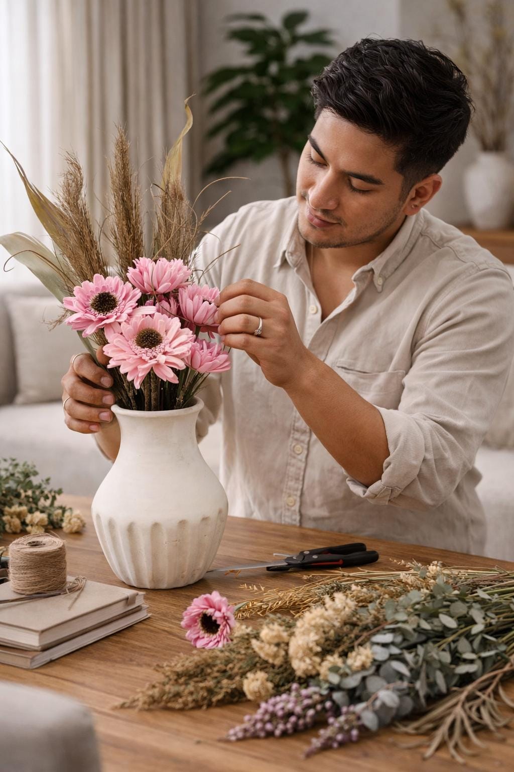 Dried Floral Arrangement, brown and pink florals and fillers, Ceramic vase, Boho Centerpiece for vases, centerpieces, and home styling