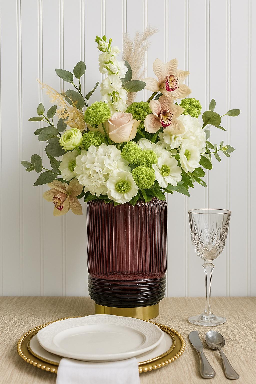 Ribbed Glass Vase with Gold Metal Base | Modern Colored Vase | Elegant Centerpiece Decor for vases, centerpieces, and home styling