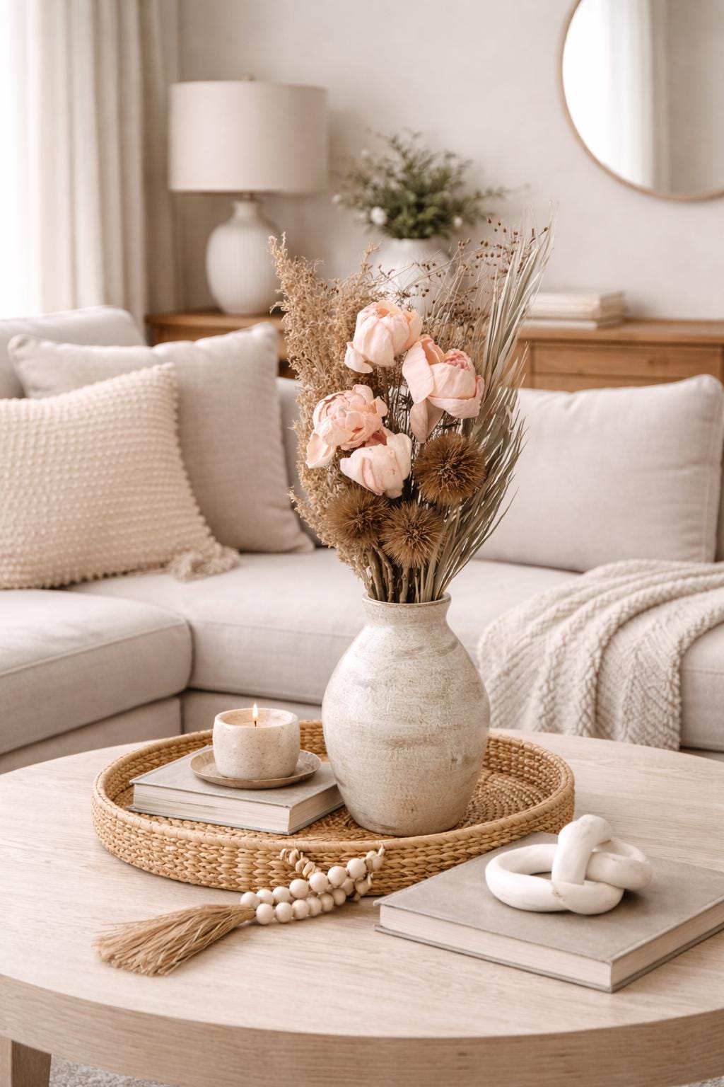 Dried Floral Arrangement, beige and peach florals and fillers, Ceramic vase, Boho Centerpiece for vases, centerpieces, and home styling